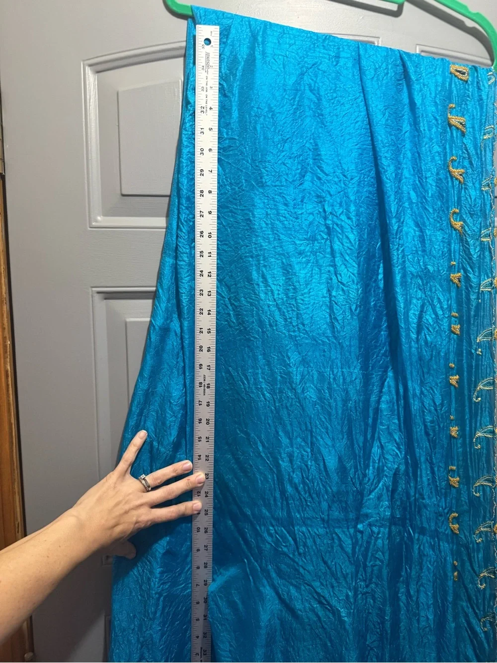 Vintage Crinkled Mulberry Silk Shawl Blue Gold Embroidered Paisley Scarf- 40x80